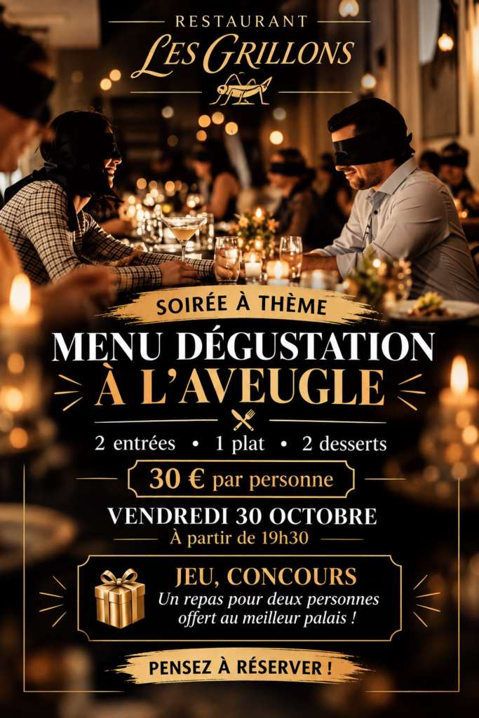 Menu dégustation à l'aveugle vendredi 30 octobre - Les Grillons